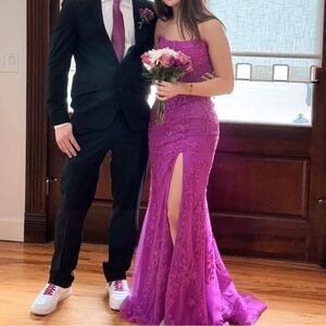 Elegant Purple Lace Gown with Slit